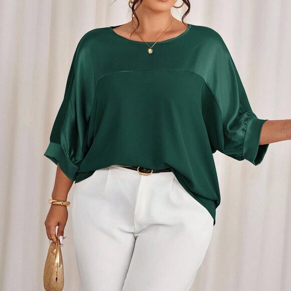 Dark Green Casual Women's Plus Size Metallic Raglan Patchwork Pullover Shirt - Picture 1 of 7